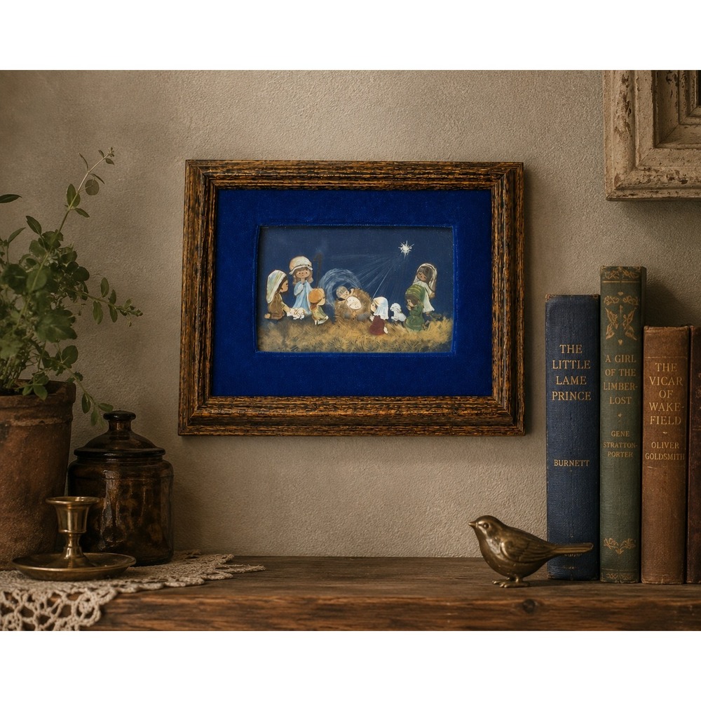 Vintage 1979 Nativity Scene Hand Painted Art Blue Velvet Wood Frame